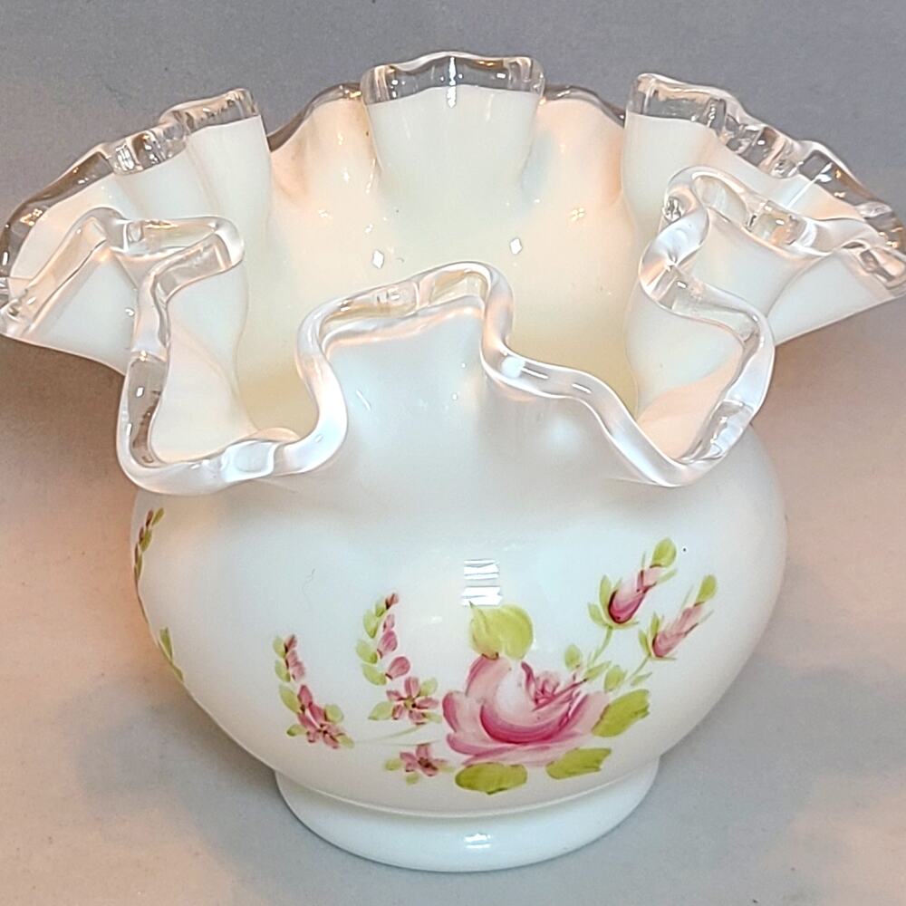 Vintage Fenton White Floral Milk Glass Vase Artist Signed Hand Painted Art Glass